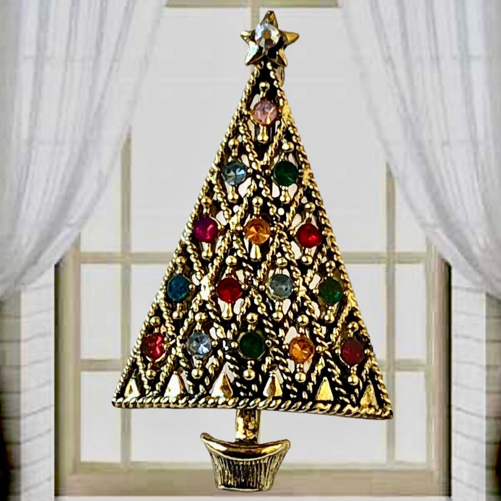 HOLLYCRAFT Vintage Christmas Tree Brooch Pin Multi-Color Rhinestones Signed
